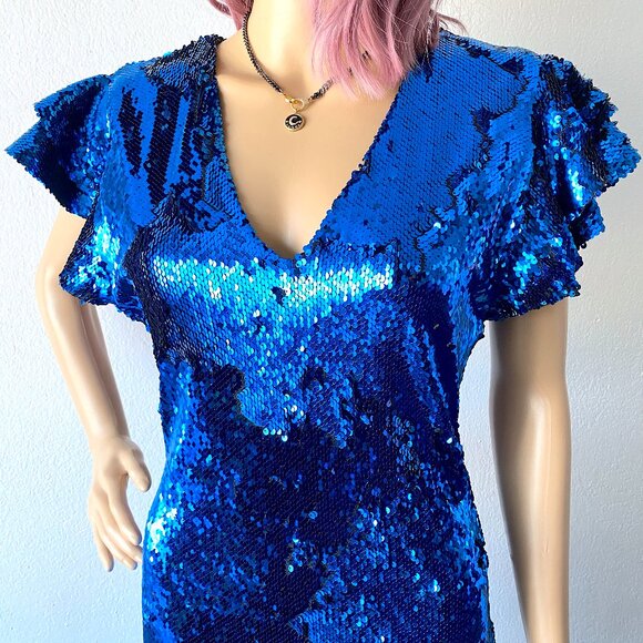 Blue Sequin Mini Dress Flutter Sleeves Disco Party Size Medium Statement Dress - Picture 7 of 9